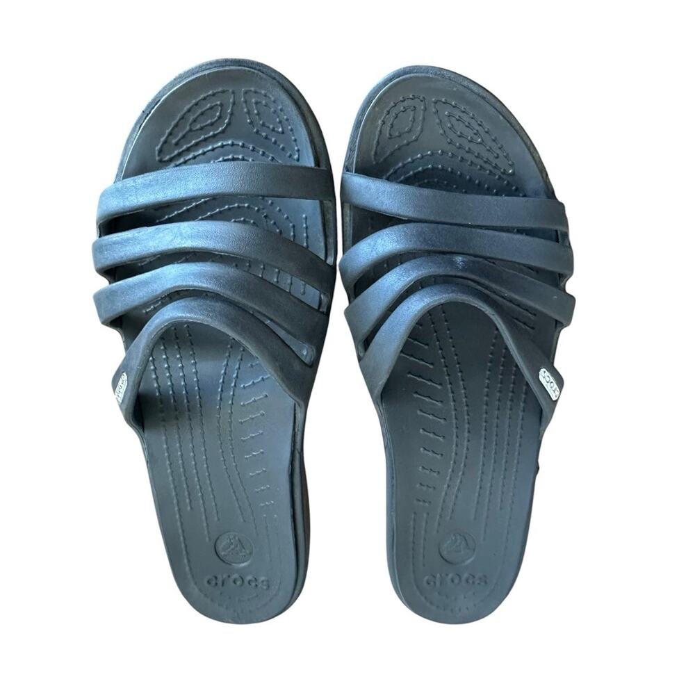 Crocs Women’s Black Rhonda Strappy Wedge Sandal Beach Comfort Travel Size 8 - Picture 5 of 7